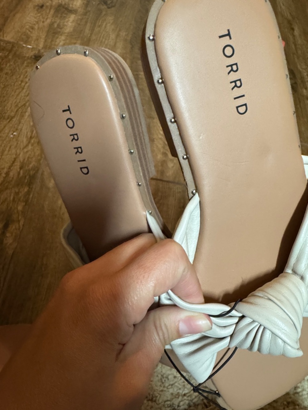 7WW torrid Cream Knotted Pleat Slide Sandals with Stud Trim - Picture 3 of 5